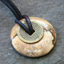 Load image into Gallery viewer, Leather Necklace With Chinese Coin And Picture Jasper Donut