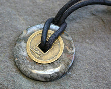 Load image into Gallery viewer, Leather Necklace With Chinese Coin And Orbicular Jasper Donut