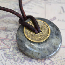 Load image into Gallery viewer, Leather Necklace With Chinese Coin And Labradorite Donut