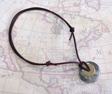 Load image into Gallery viewer, Leather Necklace with Gemstone Donut and Brass Coin – Handmade in USA