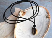 Load image into Gallery viewer, Leather Surfer Necklace Pewter Cowrie Shell 2mm Leather