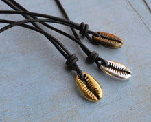 Load image into Gallery viewer, Leather Surfer Necklace Pewter Cowrie Shell 2mm Leather