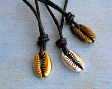 Load image into Gallery viewer, Leather Surfer Necklace Pewter Cowrie Shell 2mm Leather