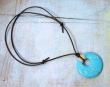 Load image into Gallery viewer, Leather Necklace With Large Turquoise Magnesite Donut And Hemp