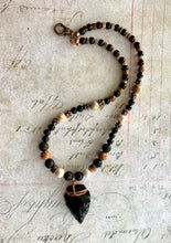 Load image into Gallery viewer, Obsidian arrowhead necklace with lava stone and copper beads