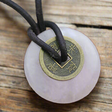 Load image into Gallery viewer, Leather Necklace with Rose Quartz Donut & Chinese Coin – Good Luck Amulet