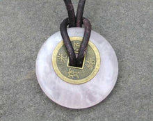 Load image into Gallery viewer, Leather Necklace with Rose Quartz Donut & Chinese Coin – Good Luck Amulet
