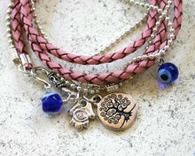 Load image into Gallery viewer, Evil Eye Protection Rose Leather And Chain Bracelet With Tree Of Life And Hamsa - sunnybeachjewelry