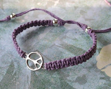 Load image into Gallery viewer, Friendship Bracelet Silver Peace Sign On Hemp Cord - sunnybeachjewelry