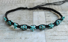 Load image into Gallery viewer, Hemp Necklace Black with Skulls and Blue Starfish - sunnybeachjewelry