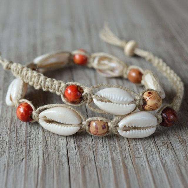 Hemp Necklace Natural with Cowrie Shells and Asian Wood Beads | sunnybeachjewelry