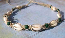 Load image into Gallery viewer, Hemp Necklace Natural with Cowrie Shells and Dark Green Beads - sunnybeachjewelry