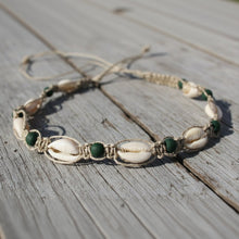 Load image into Gallery viewer, Hemp Necklace Natural with Cowrie Shells and Dark Green Beads - sunnybeachjewelry