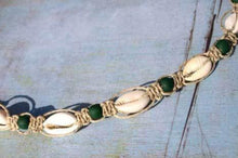 Load image into Gallery viewer, Hemp Necklace Natural with Cowrie Shells and Dark Green Beads - sunnybeachjewelry