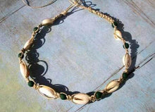 Load image into Gallery viewer, Hemp Necklace Natural with Cowrie Shells and Dark Green Beads - sunnybeachjewelry