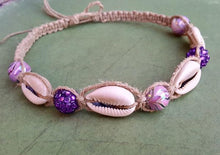 Load image into Gallery viewer, Hemp Necklace Natural with Cowrie Shells and Purple Beads - sunnybeachjewelry