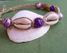 Load image into Gallery viewer, Hemp Necklace Natural with Cowrie Shells and Purple Beads - sunnybeachjewelry