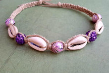 Load image into Gallery viewer, Hemp Necklace Natural with Cowrie Shells and Purple Beads - sunnybeachjewelry