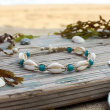 Load image into Gallery viewer, Hemp Necklace Natural with Cowrie Shells and Teal Beads - sunnybeachjewelry