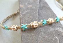 Load image into Gallery viewer, Hemp Necklace Natural with Skulls and Blue Starfish - sunnybeachjewelry