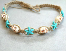 Load image into Gallery viewer, Hemp Necklace Natural with Skulls and Blue Starfish - sunnybeachjewelry