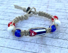 Load image into Gallery viewer, Handmade Hemp Bracelet with Cuba Flag Beads – Eco-Friendly Jewelry