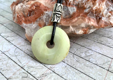 Load image into Gallery viewer, Leather Necklace With Green Serpentine Donut