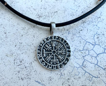 Load image into Gallery viewer, Viking Shield Pendant with Runes - Good Luck Charm -Rune- Norse/Warrior/Protection/Amulet - Leather Necklace