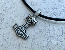 Load image into Gallery viewer, Mjolnir Power Necklace – Norse Hammer Pendant on Leather Cord