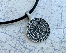 Load image into Gallery viewer, Viking Shield Pendant with Runes - Good Luck Charm -Rune- Norse/Warrior/Protection/Amulet - Leather Necklace