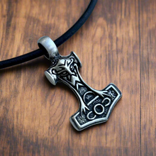 Load image into Gallery viewer, Mjolnir Power Necklace – Norse Hammer Pendant on Leather Cord