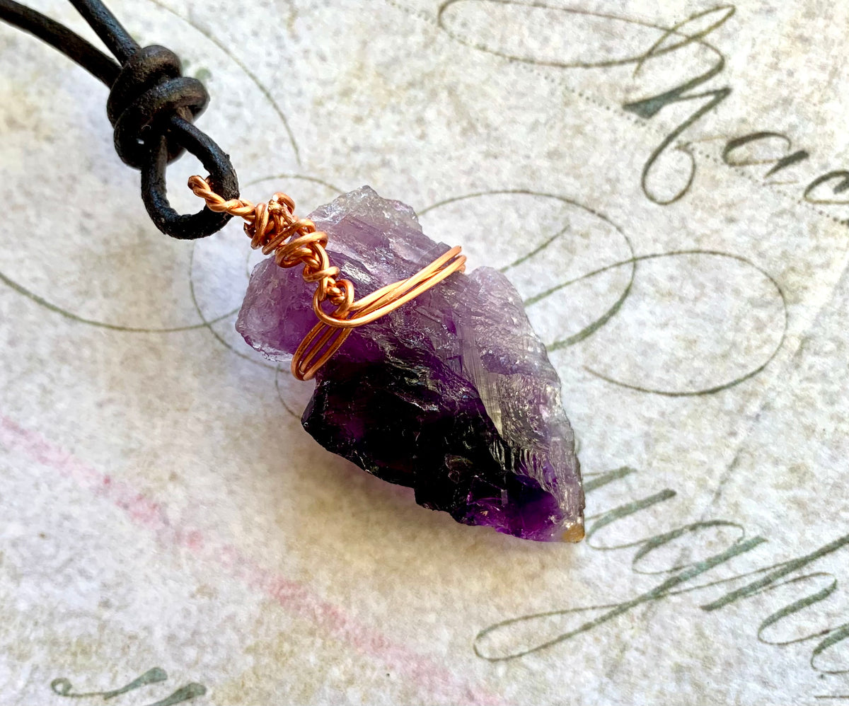 Amethyst Necklace on sale for Men Women, Leather Wrap Gemstone Pendant - Boho Tribal Jewelry