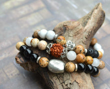 Load image into Gallery viewer, Jasper Snow Quartz Rudraksha Lord Shiva Eye Yoga Mala Bracelet - sunnybeachjewelry
