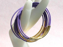 Load image into Gallery viewer, Leather Bangles Bracelets Lavender Gold Or Silver Metal Tubes - sunnybeachjewelry