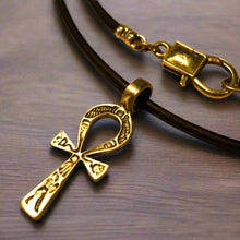 Load image into Gallery viewer, Leather Necklace, Ankh Cross with Ancient Symbols, Mens Necklace, Mens Jewelry, Mens Gift, Pendant, Distresed Cord - sunnybeachjewelry