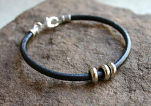 Load image into Gallery viewer, Mens Bracelet Black Leather Silver Beads - sunnybeachjewelry