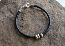 Load image into Gallery viewer, Mens Bracelet Black Leather Silver Beads - sunnybeachjewelry