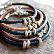 Load image into Gallery viewer, Mens Bracelet Black Leather Silver Beads - sunnybeachjewelry