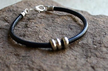 Load image into Gallery viewer, Mens Bracelet Black Leather Silver Beads - sunnybeachjewelry