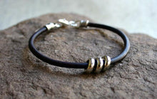 Load image into Gallery viewer, Mens Bracelet Black Leather Silver Beads - sunnybeachjewelry