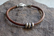 Load image into Gallery viewer, Mens Bracelet Black Leather Silver Beads - sunnybeachjewelry