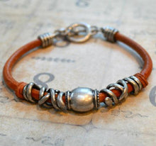 Load image into Gallery viewer, Mens Bracelet Tan Leather Steel Pewter - sunnybeachjewelry