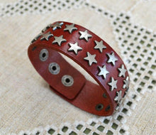 Load image into Gallery viewer, Natural Leather Bracelet Cuff Steel Stars - sunnybeachjewelry