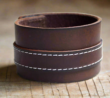 Load image into Gallery viewer, Natural Leather Bracelet Vintage Wide Stitched Brown - sunnybeachjewelry