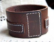 Load image into Gallery viewer, Natural Leather Bracelet Vintage Wide Stitched Brown - sunnybeachjewelry