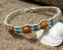 Load image into Gallery viewer, Surfer Phatty Thick Hemp Necklace Palm Turquoise Beads - sunnybeachjewelry