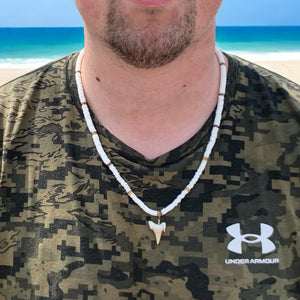 Shark Spirit Necklace – Puka Shell & Shark Tooth Tribal Jewelry, Custom Long Men's Unisex Necklace