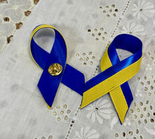 Load image into Gallery viewer, Ukraine Awareness Ribbon Pin – Blue &amp; Yellow Satin Support Badge | I Stand With Ukraine
