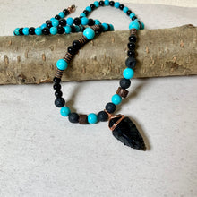 Load image into Gallery viewer, Obsidian Arrowhead Necklace for Men – Black Lava &amp; Turquoise Stone Tribal Necklace
