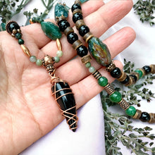 Load image into Gallery viewer, Black Agate Arrowhead Necklace – Tree Agate &amp; Obsidian Tribal Stone Necklace, OOAK Men’s Jewelry
